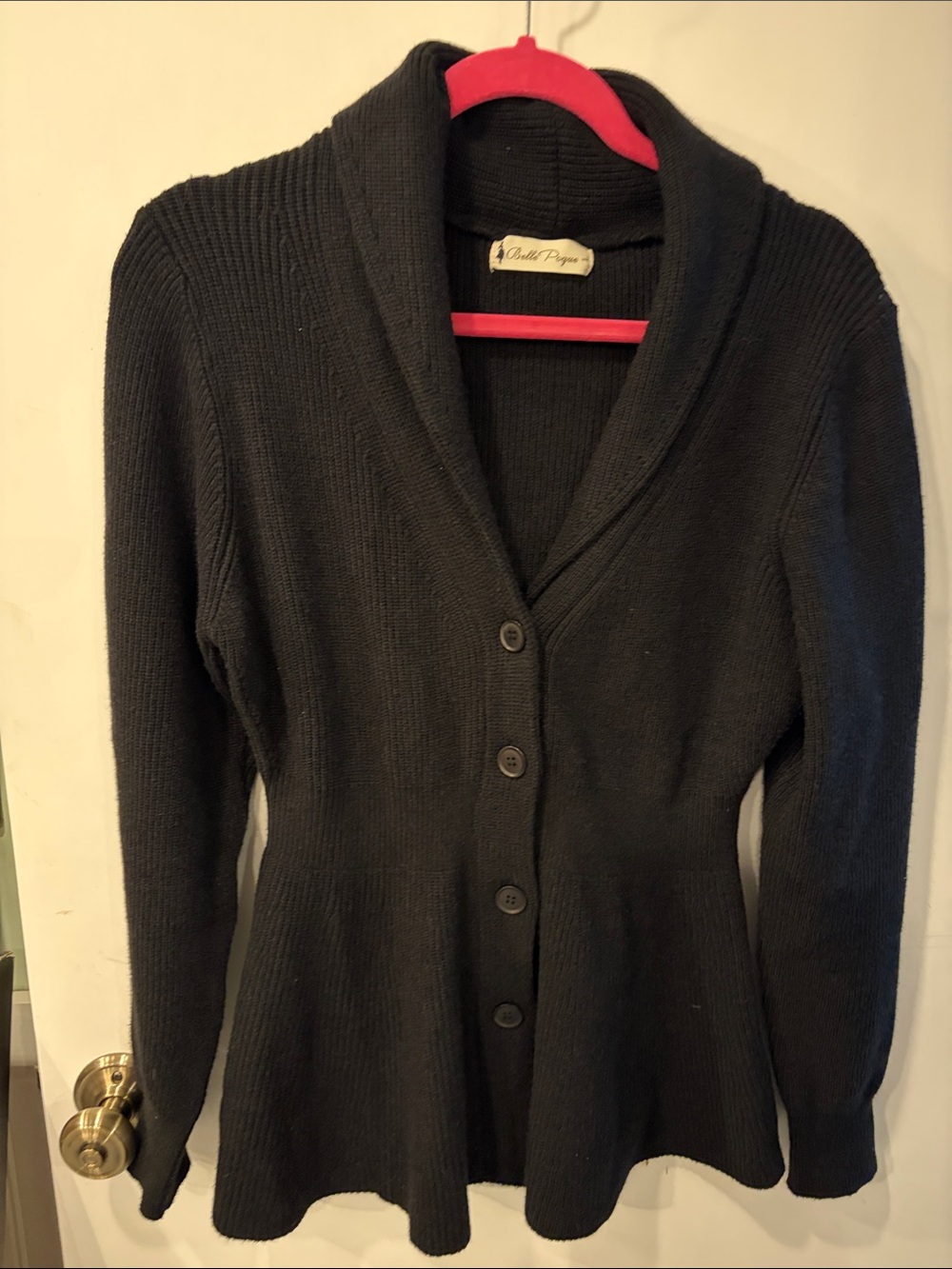 Belle Poque Black Shawl Collar Button-Front Women's cardigan Sweater L